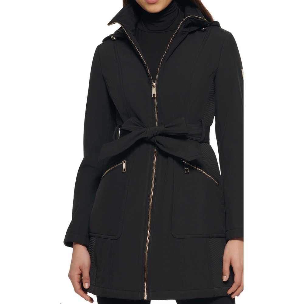 Guess Womens Black Softshell Belted Jacket with Removable Hood XL